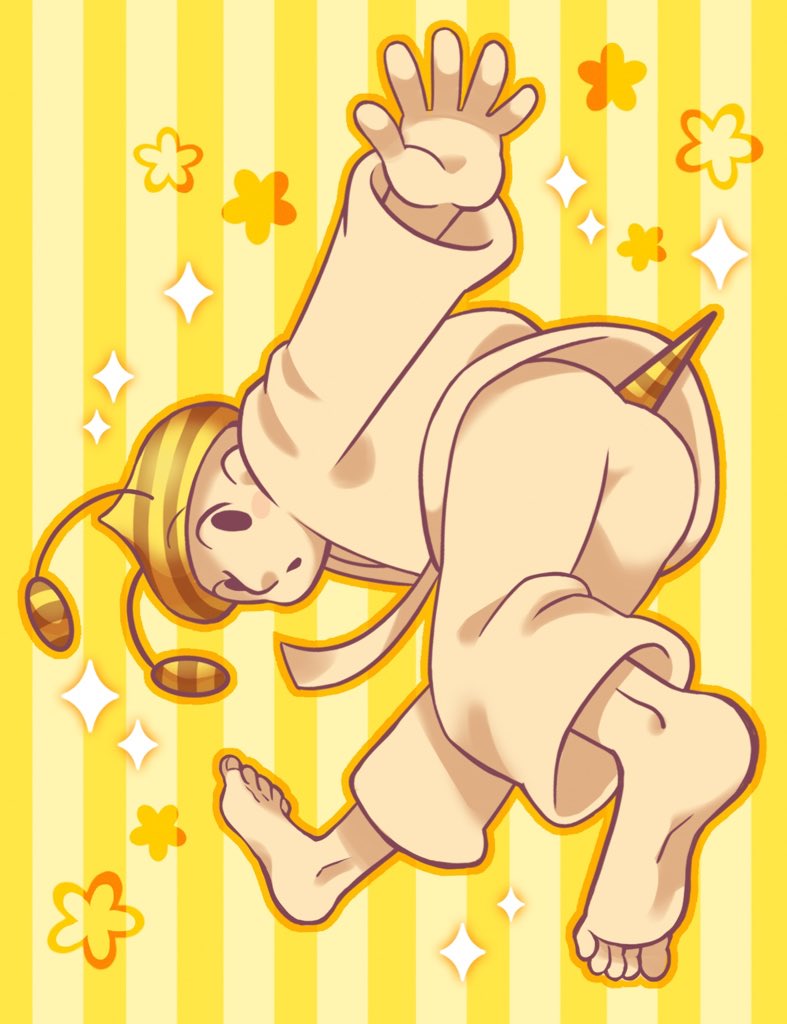 1boy, animal_hat, barefoot, bee_boy, bee_costume, bent_over, blush_stickers, dougi