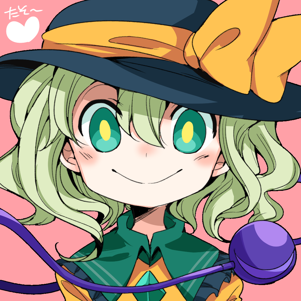 1girl, blush, eyeball, face, green_eyes, green_hair, hat, hat_ribbon