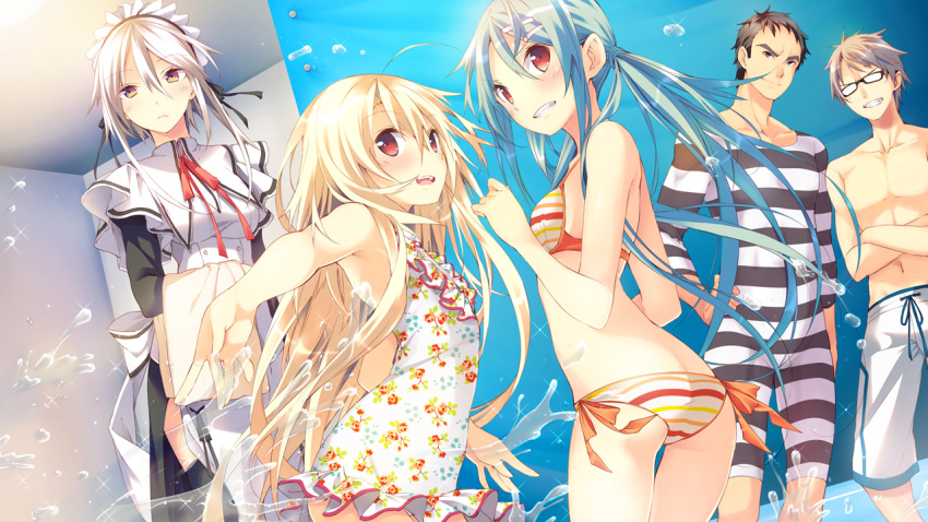 2boys, 3girls, aka-san_to_kyuuketsuki, alexandra_ann-christine_axelina, ass, bikini, black_hair, blonde_hair