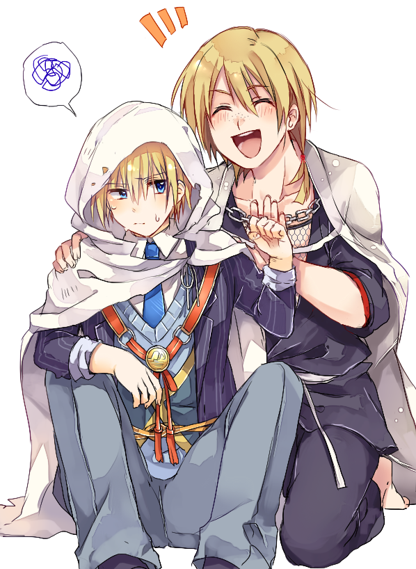 2boys, ^_^, blonde_hair, blue_eyes, cape, closed_eyes, crossover, freckles, hanzou_(sumomomo_momomo), hood, japanese_clothes, kouta_(ajtda), male_focus, multiple_boys, necktie, open_mouth, sitting, smile, spoken_squiggle, squiggle, sumomomo_momomo, sweat, touken_ranbu, yamanbagiri_kunihiro