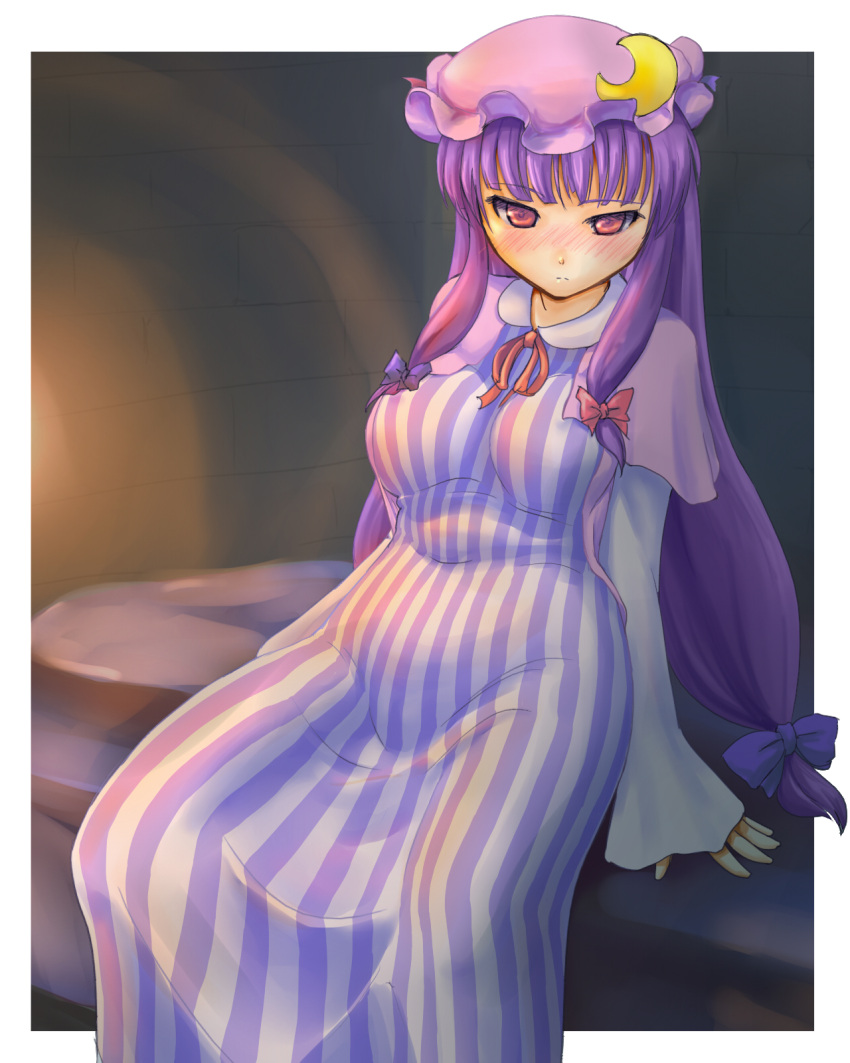 1girl, adder, bed, belly, blush, breasts, capelet, covered_nipples