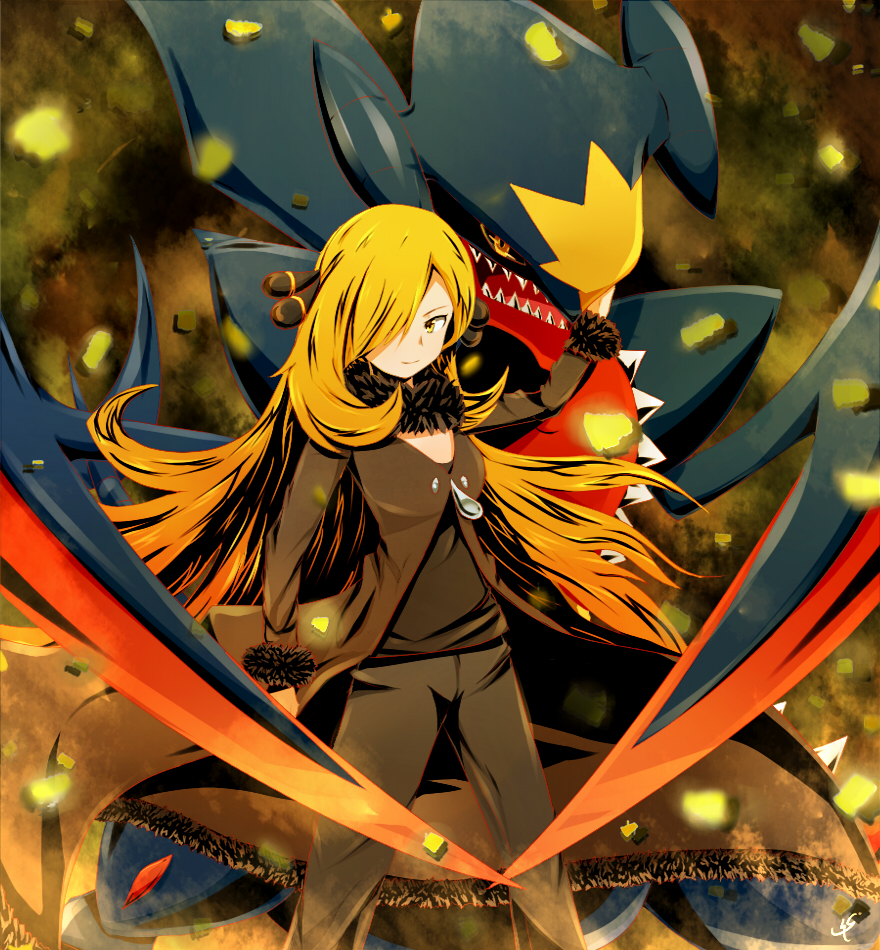 1girl, blonde_hair, garchomp, hair_over_one_eye, long_hair, mega_garchomp, mega_pokemon, pokemon