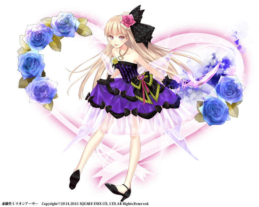 1girl, bare_arms, bare_shoulders, blonde_hair, blue_gloves, blue_rose, collarbone, dress