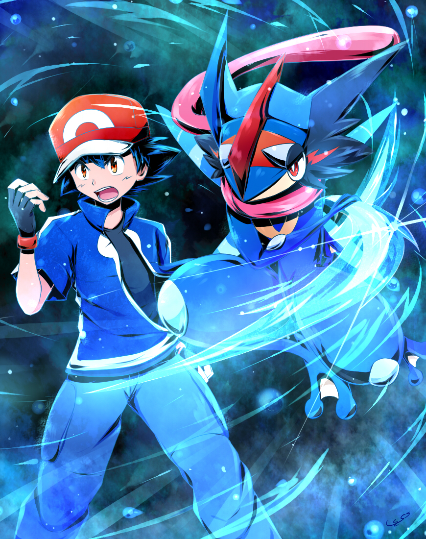 1boy, alternate_form, baseball_cap, black_hair, fingerless_gloves, gloves, greninja, hat
