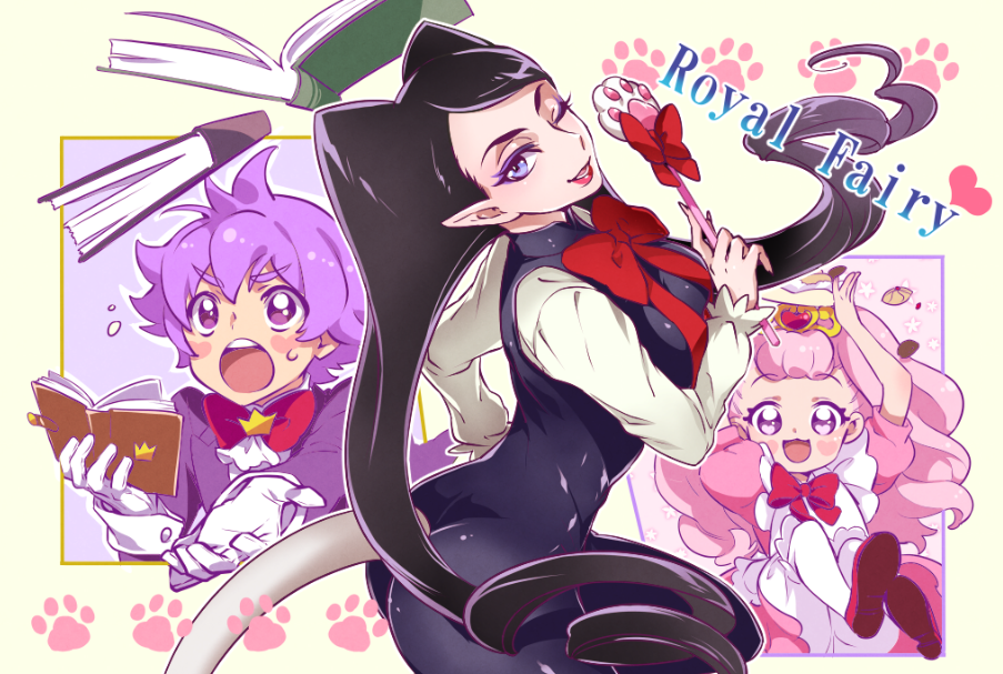 1boy, 2girls, ;), aroma_(go!_princess_precure), black_hair, blue_eyes, book, breasts