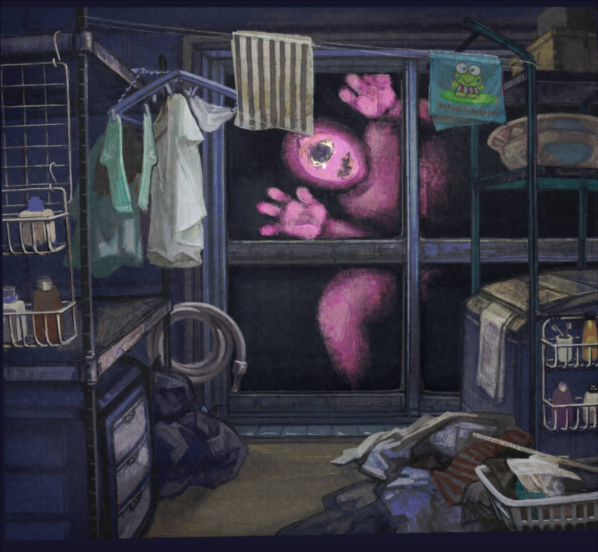 against_glass, catcar0983, dark, keroppi, laundry, laundry_basket, looking_at_viewer, monster