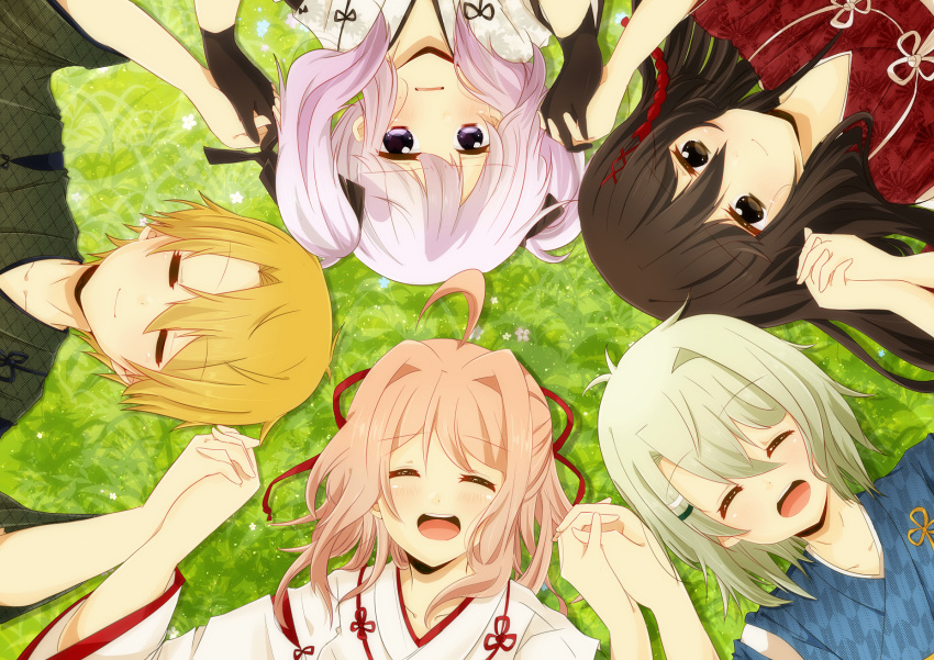 2boys, 3girls, :d, black_gloves, black_hair, blonde_hair, brown_eyes, closed_eyes