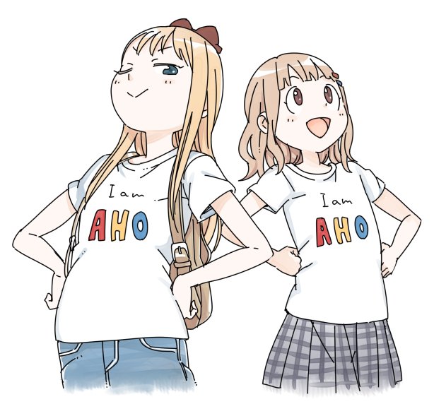 2girls, backpack, bag, blonde_hair, blue_eyes, bow, clothes_writing, english