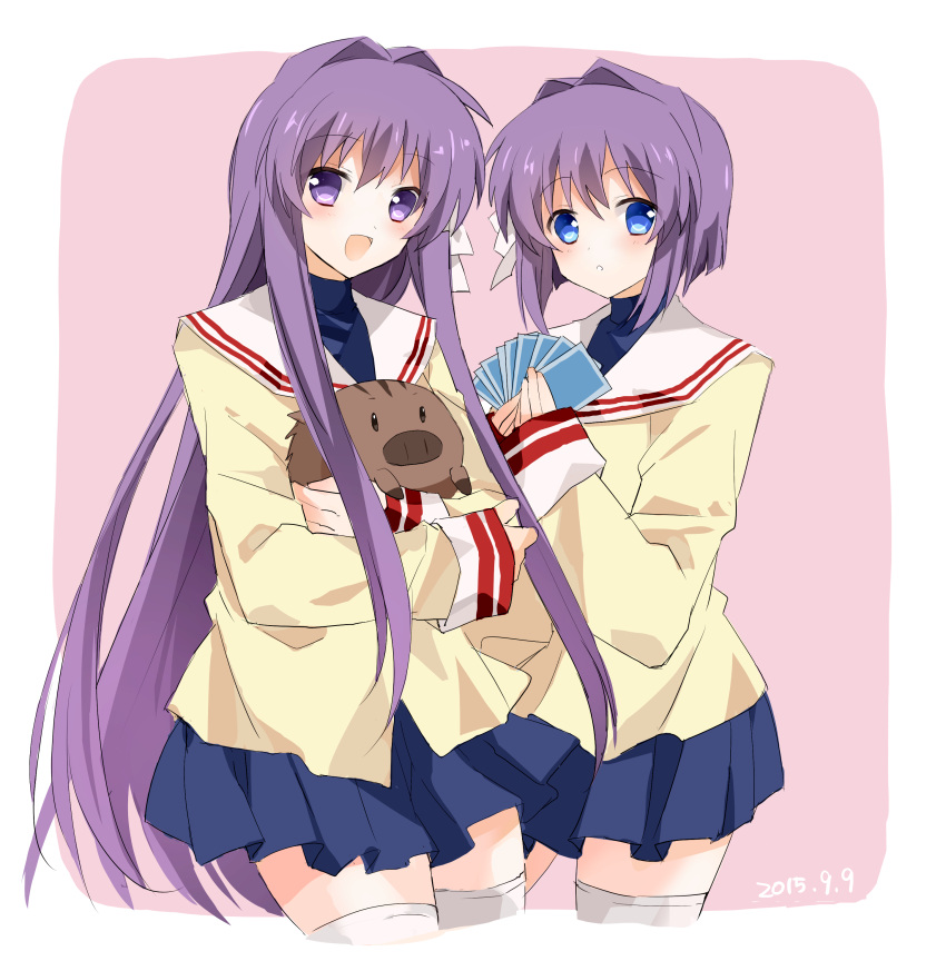 2girls, absurdres, blue_eyes, botan, card, clannad, fujibayashi_kyou, fujibayashi_ryou