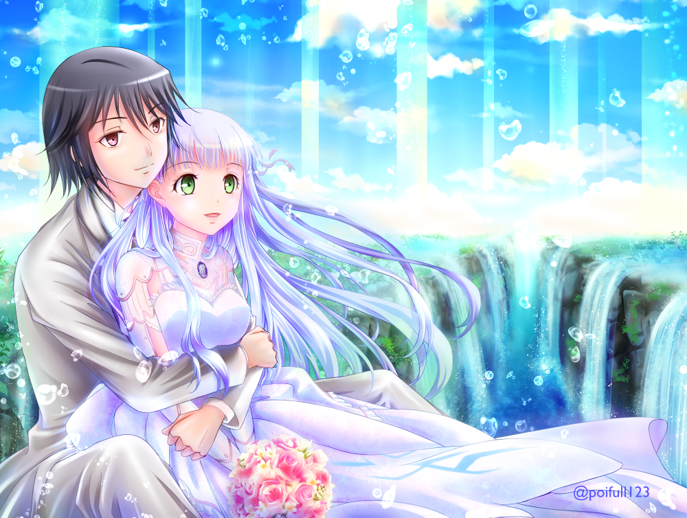 1boy, 1girl, aoki_hagane_no_arpeggio, black_hair, blue_hair, bouquet, chihaya_gunzou, couple