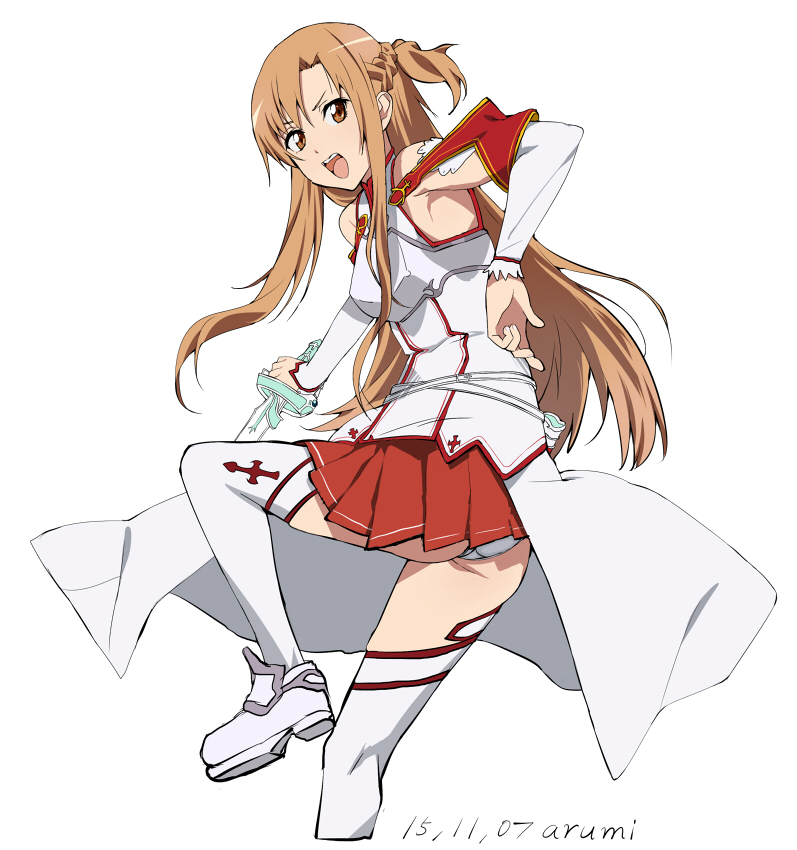 1girl, arumi_(arumi-ke), asuna_(sao), breastplate, brown_eyes, brown_hair, detached_sleeves, long_hair