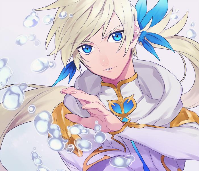 1boy, air_bubble, blue_eyes, earrings, feathers, jewelry, kamui_(tales_of_zestiria), long_hair