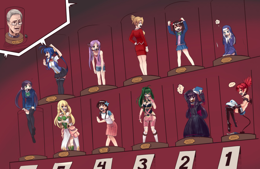 1boy, 6+girls, ?, absurdres, against_glass, agent_aika, ahoge, akari_acura