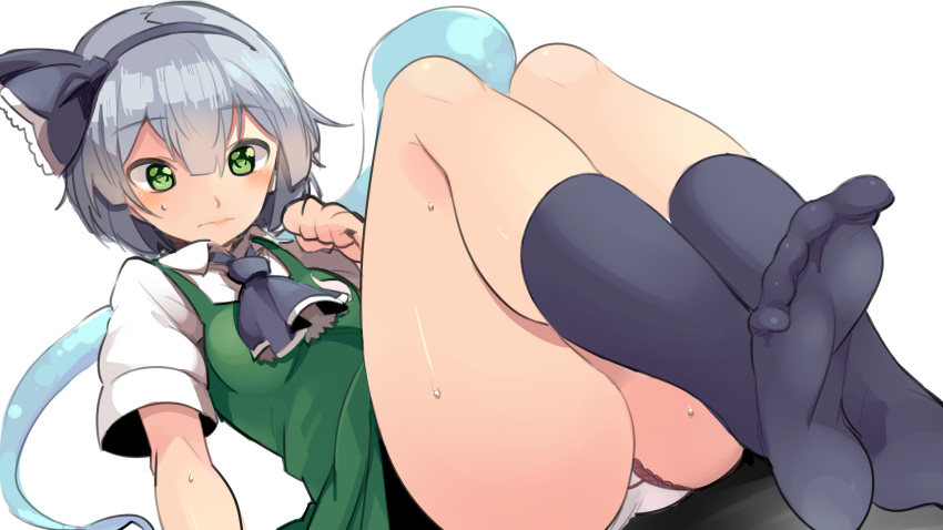 1girl, akuma_(akuma0907), ascot, blush, feet, ghost, green_eyes, hair_ribbon, hairband, highres, hitodama, konpaku_youmu, konpaku_youmu_(ghost), legs, panties, pantyshot, ribbon, short_hair, silver_hair, simple_background, skirt, socks, solo, touhou, underwear
