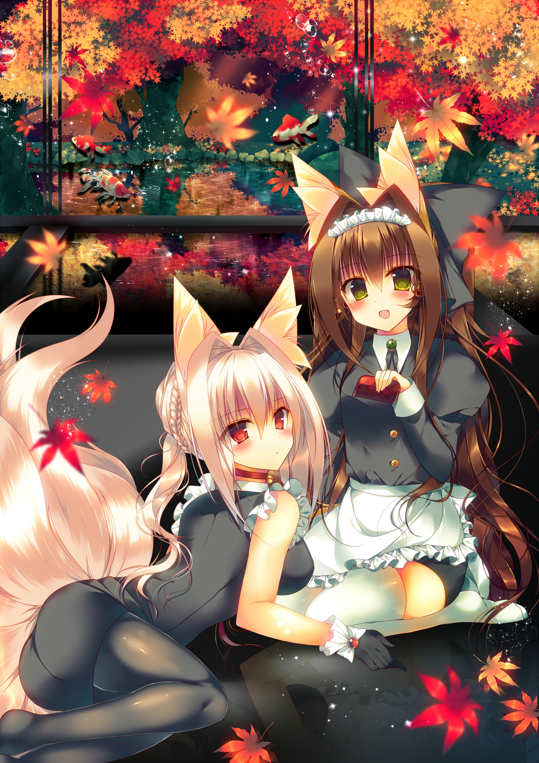 2girls, :d, animal, animal_ears, apron, autumn_leaves, bare_arms, bell