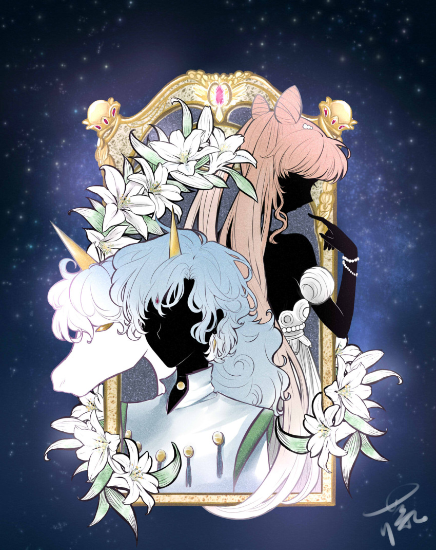 1boy, 1girl, bare_shoulders, bead_bracelet, bishoujo_senshi_sailor_moon, blue_hair, chibi_usa, choker