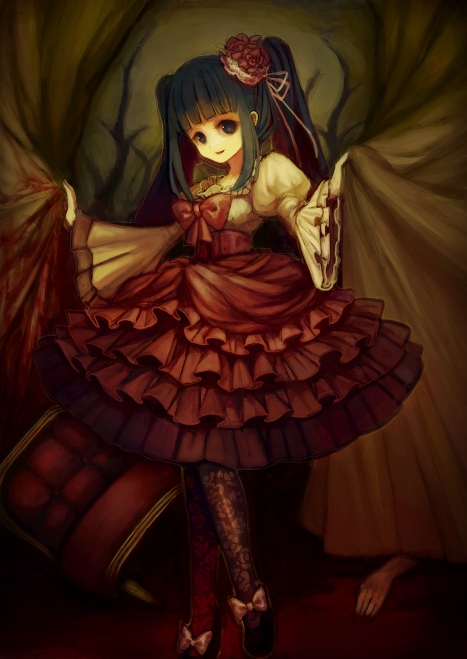 bangs, blue_eyes, blue_hair, blunt_bangs, chair, curtains, dress, furudo_erika, hands, hime_cut, pantyhose, ribbon, twintails, umineko_ep5_character, umineko_no_naku_koro_ni