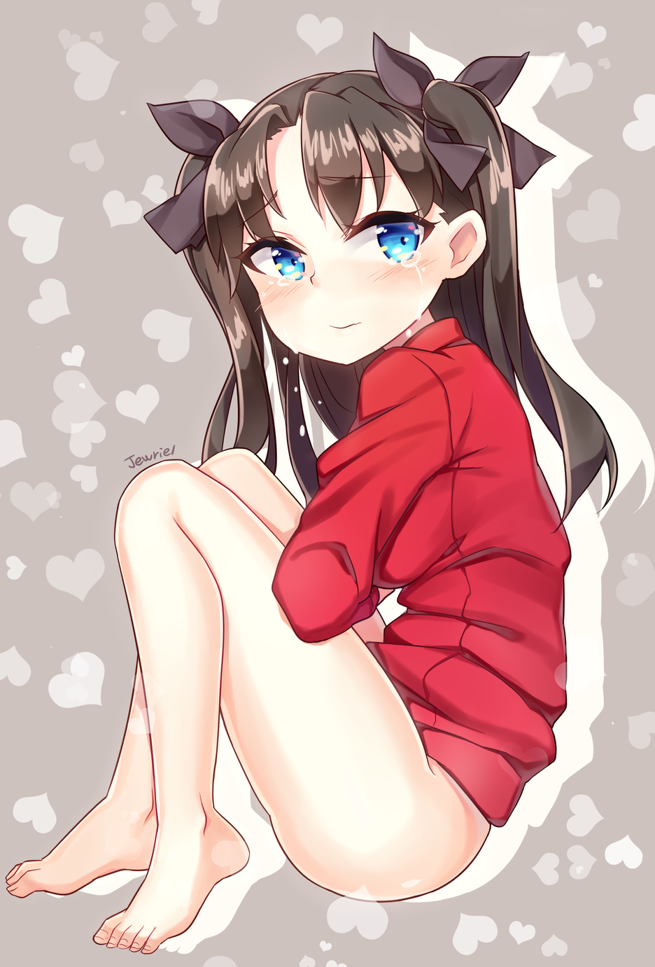 1girl, artist_name, bare_legs, barefoot, black_hair, blue_eyes, blush, bottomless