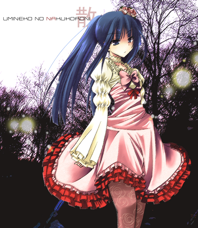 blue_hair, choker, dress, furudo_erika, hibiki_mio, pantyhose, ribbon, twintails