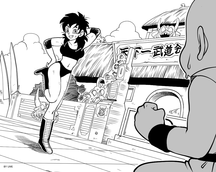 1boy, 1girl, arm_behind_head, artist_name, bacterian, boots, crop_top, dirty