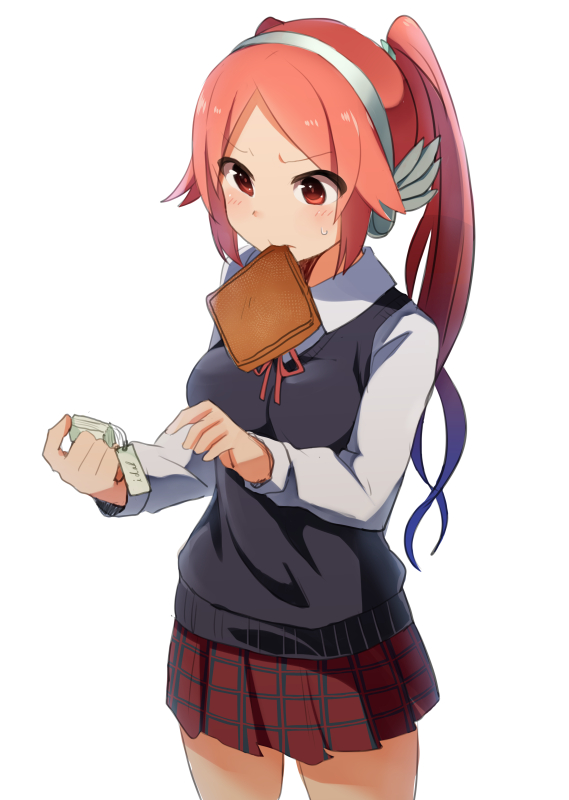 1girl, blue_hair, blush, brown_hair, food_in_mouth, gradient_hair, headphones, mouth_hold, multicolored_hair, nanagi_(pixiv12776910), phantasy_star, phantasy_star_online_2, quna_(pso2), red_eyes, school_uniform, skirt, solo, toast, toast_in_mouth, twintails