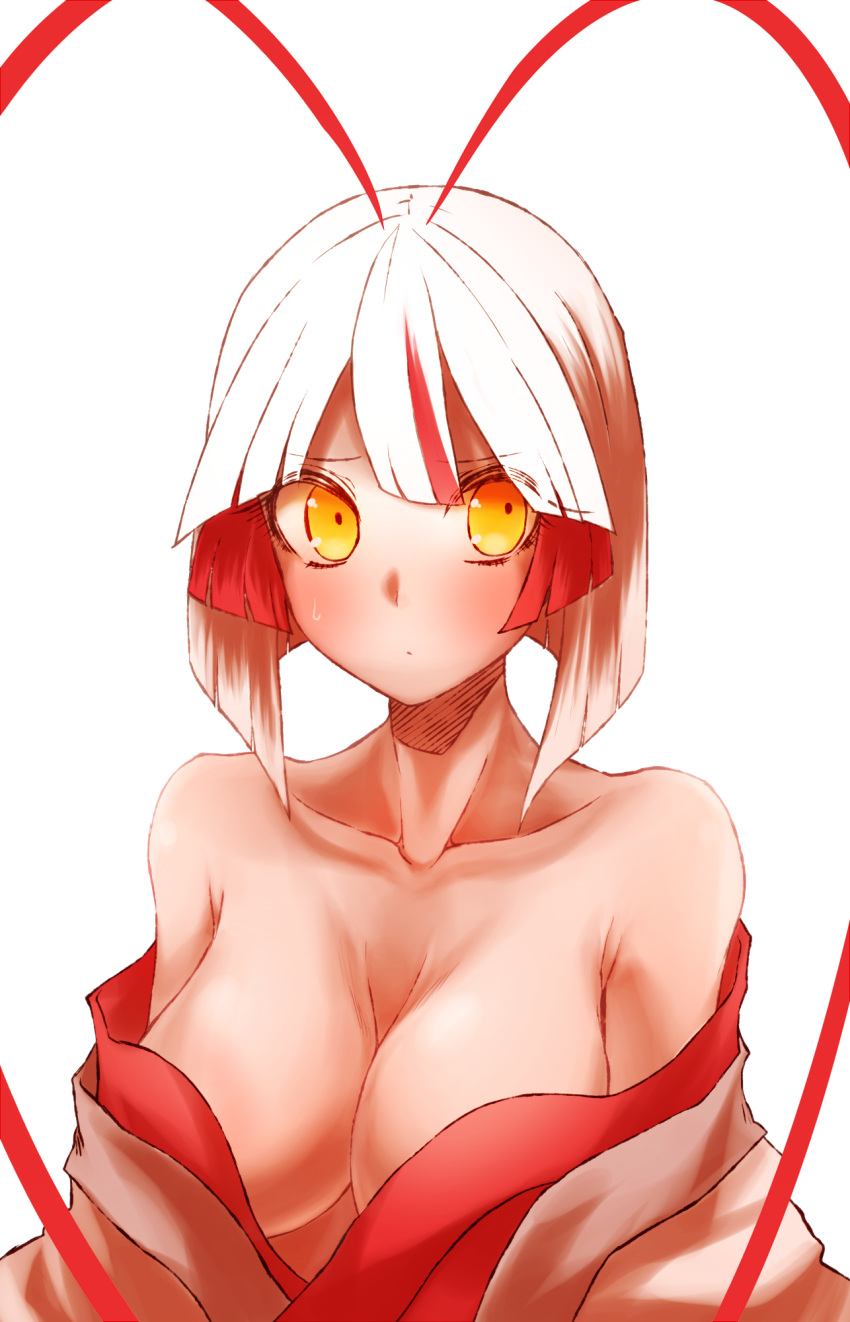 1girl, bare_shoulders, blush, breasts, cleavage, highres, japanese_clothes, large_breasts