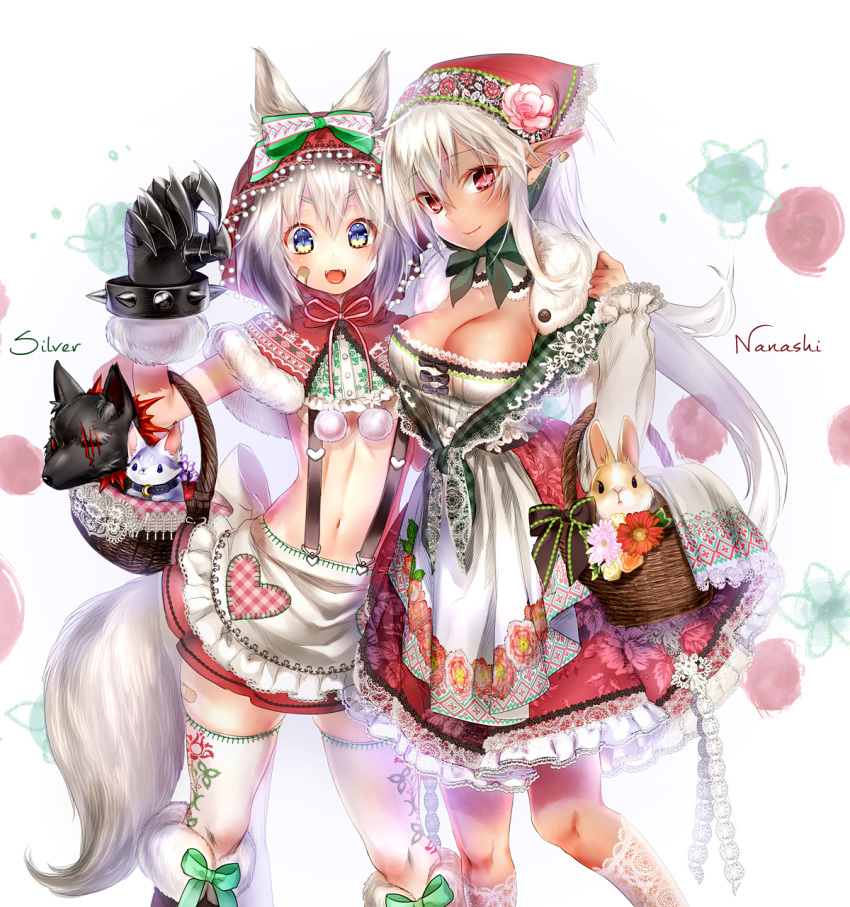 2girls, :d, animal_ears, bandaid, basket, breasts, cleavage, collar