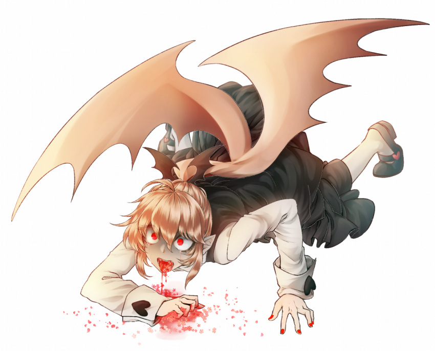 1girl, blood, blood_in_mouth, bloody_tears, commentary_request, demon_girl, demon_wings, glowing