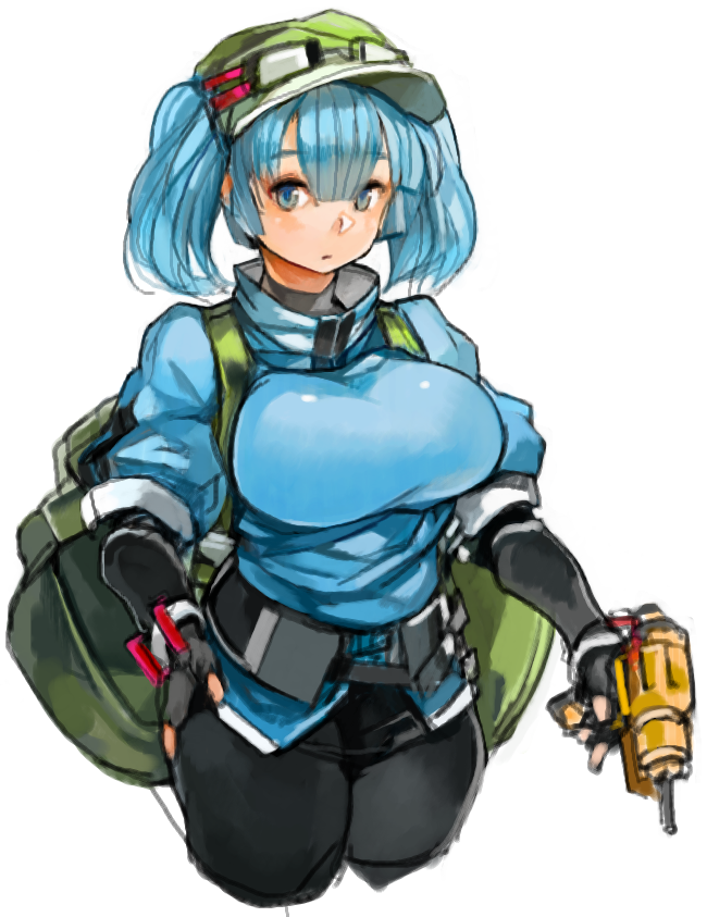 1girl, adapted_costume, backpack, bag, black_gloves, black_pants, blue_eyes, blue_hair
