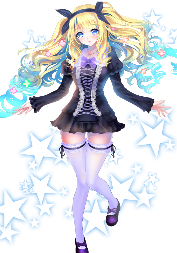 1girl, black_dress, blonde_hair, blue_eyes, blue_hair, blush, bow, bowtie
