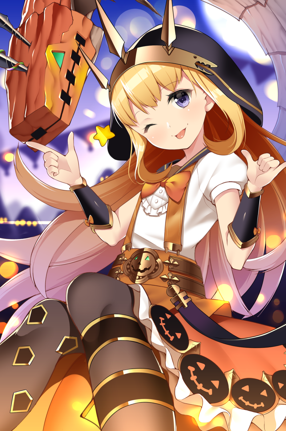 1girl, ;p, arm_guards, belt, blonde_hair, blue_eyes, blush, bow