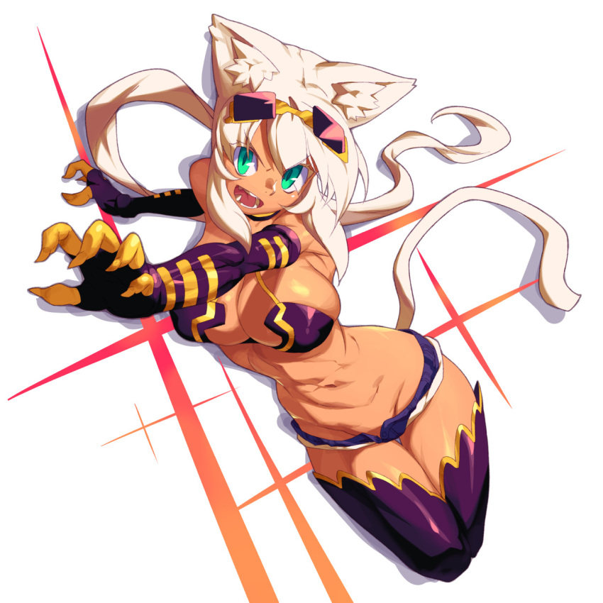 1girl, animal_ears, breasts, cat_ears, cat_tail, claws, dark_skin, elbow_gloves