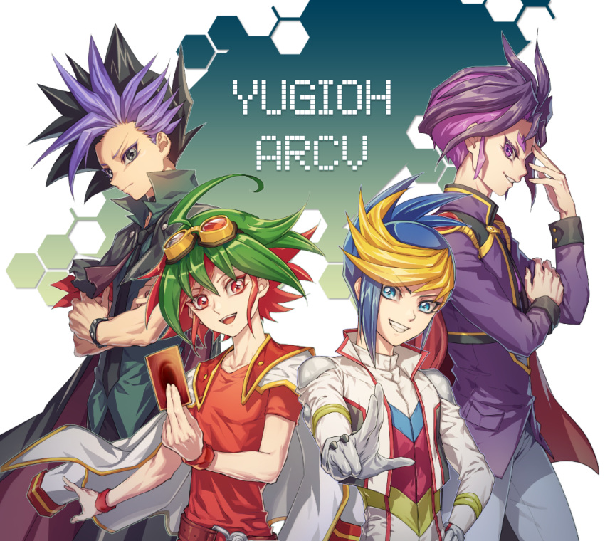 4boys, ahoge, black_hair, blonde_hair, blue_eyes, blue_hair, card, copyright_name, gloves, goggles, goggles_on_head, green_hair, male_focus, multiple_boys, open_mouth, purple_hair, red_eyes, redhead, sakaki_yuuya, smile, violet_eyes, yuu-gi-ou, yuu-gi-ou_arc-v, yuugo_(yuu-gi-ou_arc-v), yuuri_(yuu-gi-ou_arc-v), yuuto_(yuu-gi-ou_arc-v)