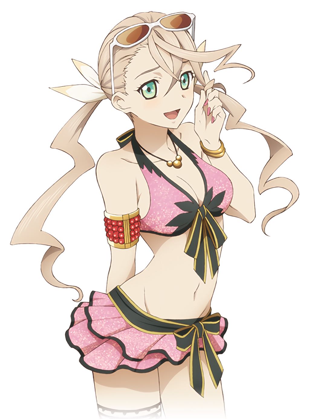 1girl, alisha_diphda, alternate_hairstyle, arm_behind_back, armband, blonde_hair, bracelet, breasts