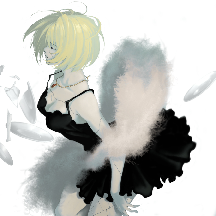 blonde_hair, boa, bob_cut, breasts, cindry, cleavage, closed_eyes, dress, feather_boa, jewelry, koma_kiri_aoko, necklace, one_piece, scar, short_hair, solo, stitches, victoria_cindry, zombie