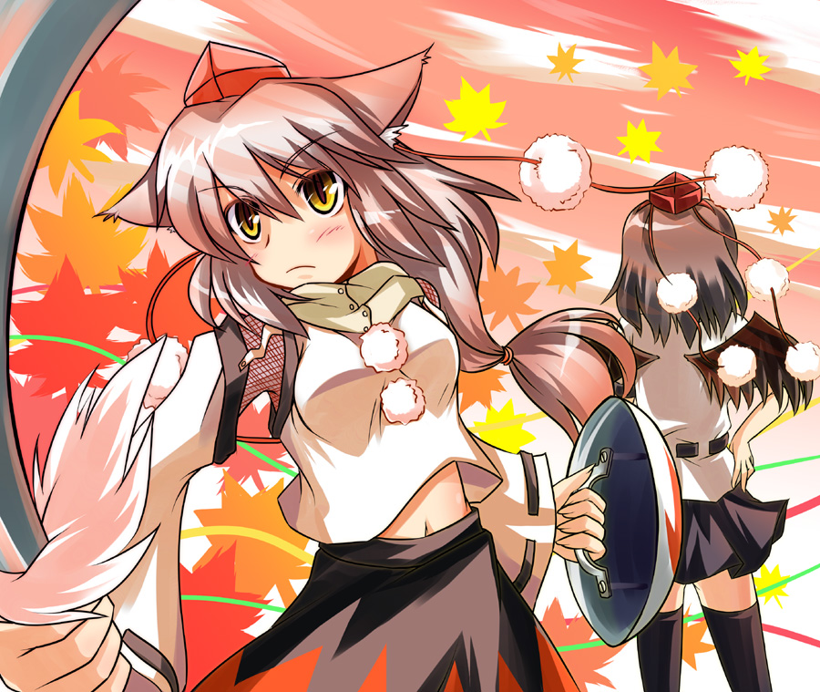 alternate_hairstyle, animal_ears, black_hair, detached_sleeves, fishnets, hat, inubashiri_momiji, leaf, leaves, long_hair, midriff, multiple_girls, shameimaru_aya, shield, silver_hair, sword, thighhighs, tokin_hat, tokiniwa, touhou, weapon, wolf_ears, yellow_eyes