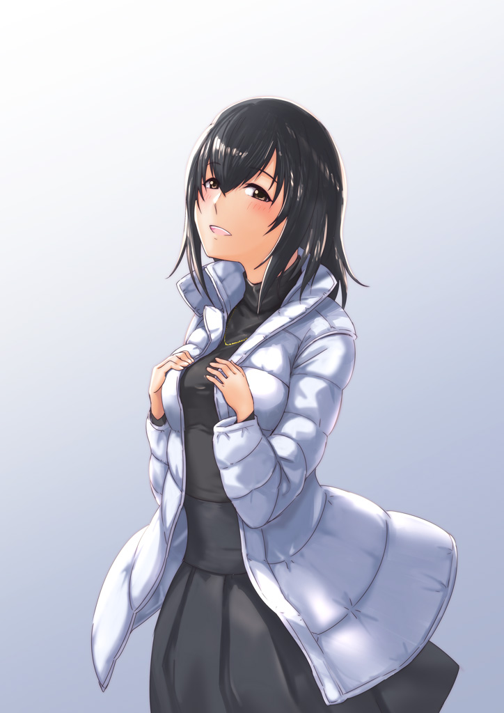 1girl, black_dress, black_hair, black_shoes, blush, brown_eyes, coat, dress