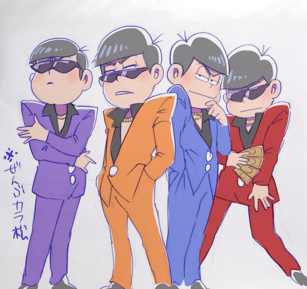 4boys, black_hair, commentary_request, eyebrows, finger_to_mouth, formal, gokuen_(5okuen), jewelry, karamatsu, male_focus, money, multiple_boys, multiple_persona, necklace, open_mouth, osomatsu-kun, osomatsu-san, suit, sunglasses