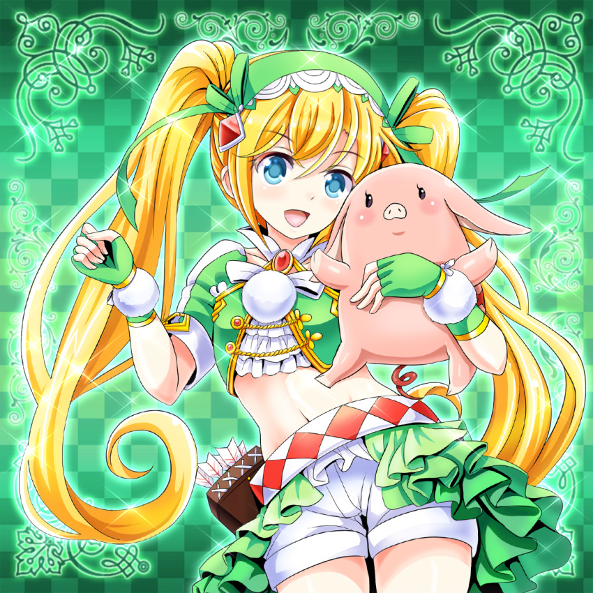 1girl, blonde_hair, blue_eyes, fingerless_gloves, gloves, green_background, green_clothes, green_gloves