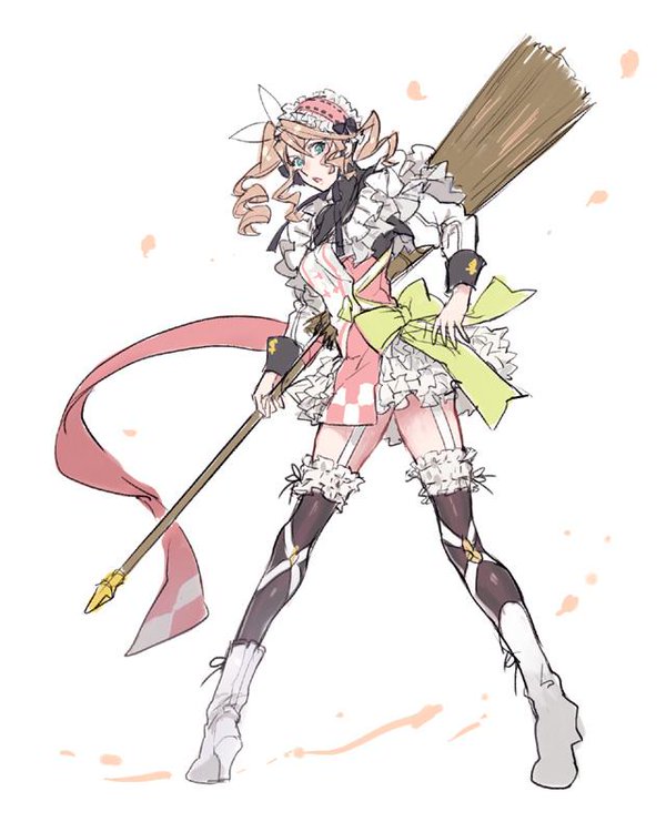 1girl, alisha_diphda, apron, blue_eyes, broom, green_eyes, long_hair, maid, maid_headdress, modified, p-nekor, solo, tales_of_(series), tales_of_zestiria, thigh-highs