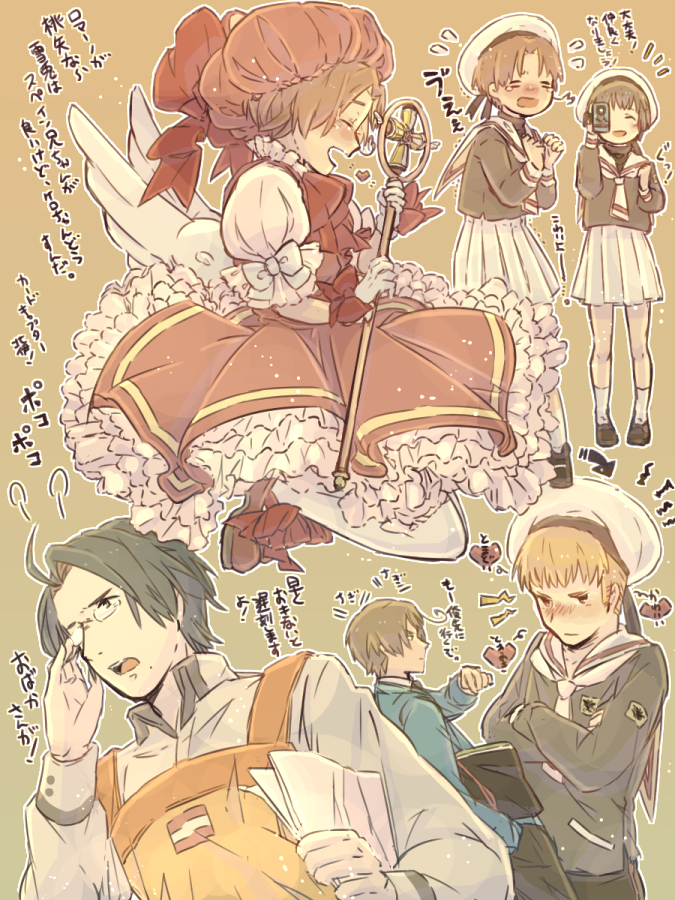 5boys, austria_(hetalia), axis_powers_hetalia, camera, cardcaptor_sakura, crossdressinging, daidouji_tomoyo_(cosplay), dress, germany_(hetalia), hair_ornament, hat, hoshi_no_tsue, japan_(hetalia), kinomoto_fujitaka_(cosplay), kinomoto_sakura_(cosplay), kinomoto_touya_(cosplay), li_xiaolang_(cosplay), male_focus, multiple_boys, northern_italy_(hetalia), parody, school_uniform, southern_italy_(hetalia), tokino_(tokino127), wings