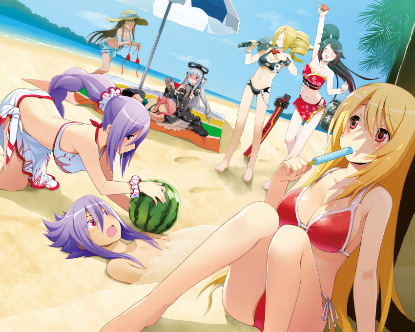 1boy, 6+girls, beach, bent_over, bikini, blindfold, blonde_hair, blush
