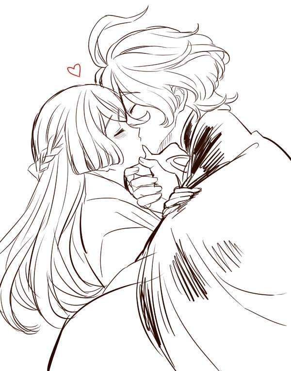 1boy, 1girl, blush, chori_(niisan), closed_eyes, couple, heart, hetero, kasen_kanesada, kiss, long_hair, monochrome, short_hair, simple_background, touken_ranbu, white_background