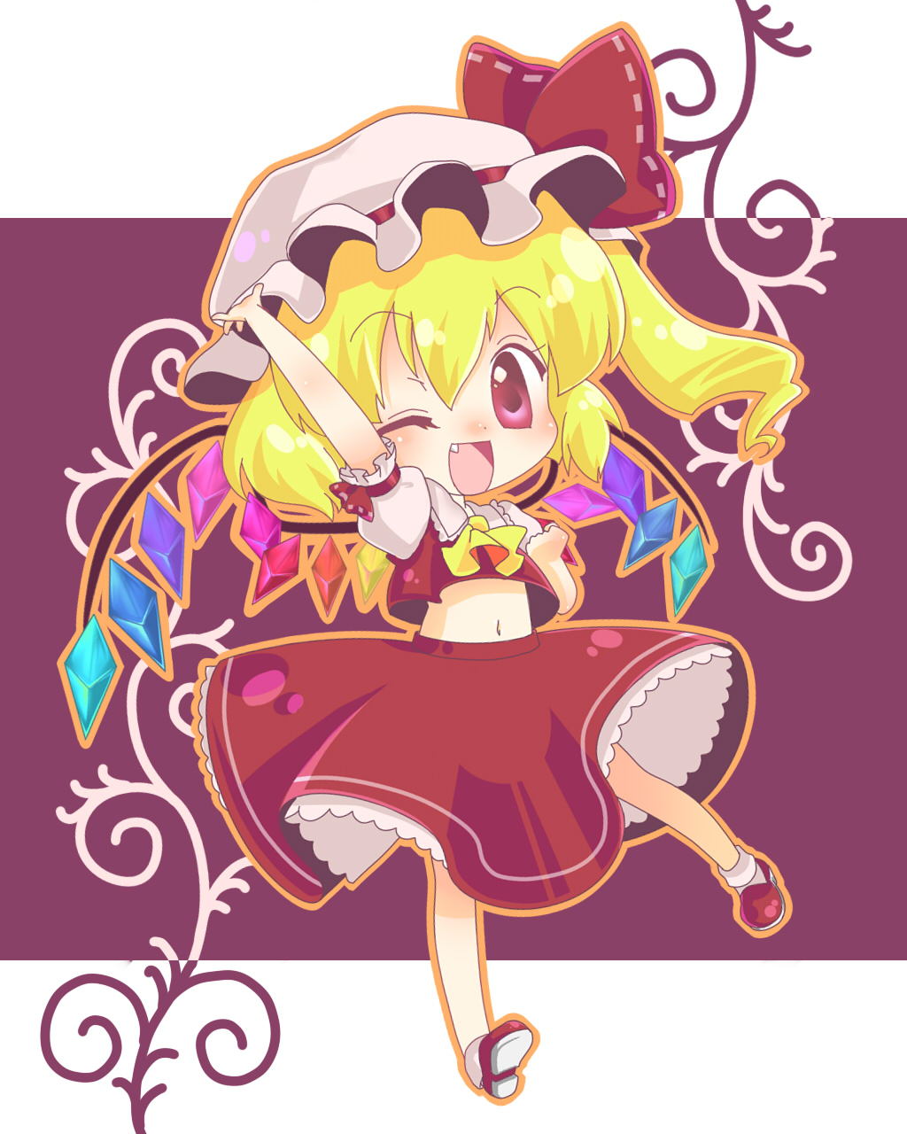 chibi, fang, flandre_scarlet, hat, highres, imahia, midriff, navel