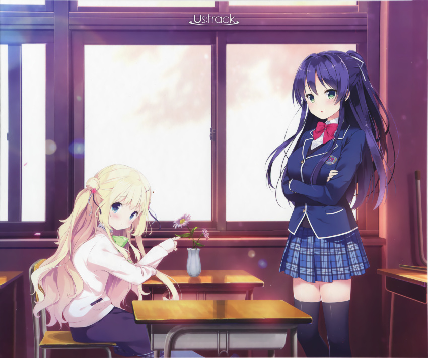 2girls, absurdres, black_hair, black_legwear, blazer, blonde_hair, blue_eyes, classroom