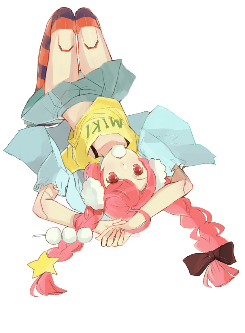 1girl, ahoge, alternate_costume, alternate_hairstyle, arms_up, bangs, black_bra, bra, braid, character_name, clothes_writing, dango, doll_joints, earmuffs, eating, food, food_in_mouth, full_body, hair_ornament, highres, holding_food, jacket, long_hair, looking_at_viewer, lying, miniskirt, mouth_hold, on_back, over-kneehighs, pink_eyes, pink_hair, sf-a2_miki, shirt, simple_background, sketch, skirt, solo, star_hair_ornament, striped, striped_legwear, swept_bangs, t-shirt, thigh-highs, twin_braids, underwear, vocaloid, wagashi, white_background, xk_xk