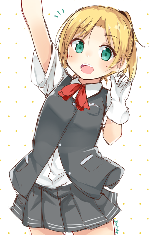 1girl, :d, arm_up, bangs, blonde_hair, commentary_request, dots, gloves