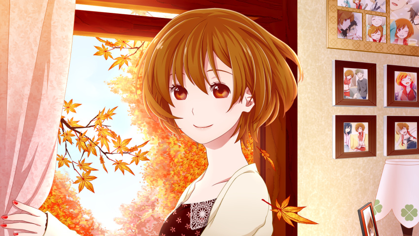 1girl, alternate_costume, autumn, autumn_leaves, bangs, brown_eyes, brown_hair, closed_mouth