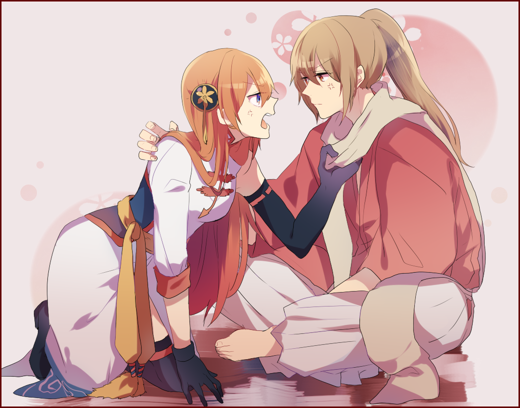 1boy, 1girl, anger_vein, blue_eyes, brown_hair, bun_cover, chinese_clothes, elbow_gloves