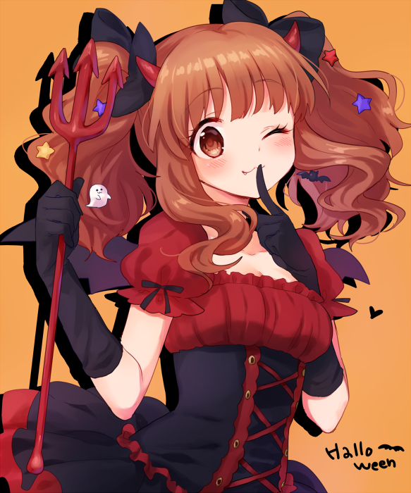 1girl, ;3, blue21, brown_hair, gloves, hair_ornament, halloween, idolmaster
